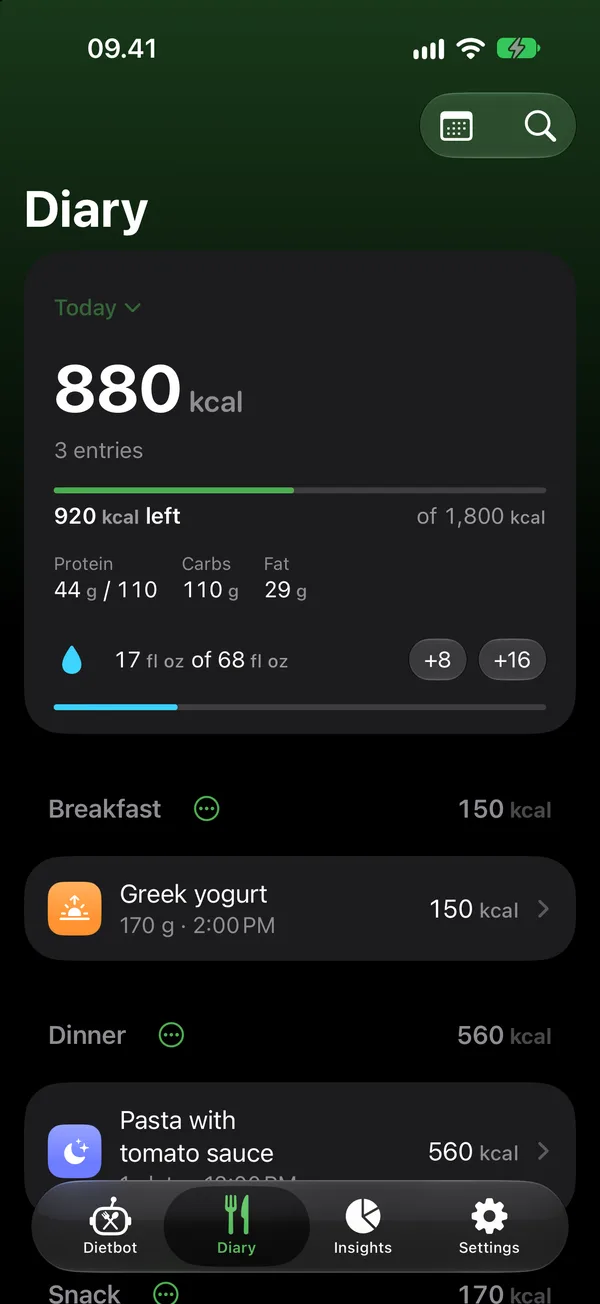 Dietbot in dark mode.
